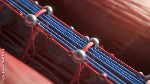 Muscle fibers contracting, showing actin and myosin filaments sliding past each other during muscle contraction, a complex process of movement and energy use.