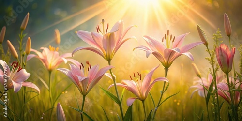 Radiant Dawn  Pink Lilies Bathed in Golden Sunlight, a Serene Meadow Scene