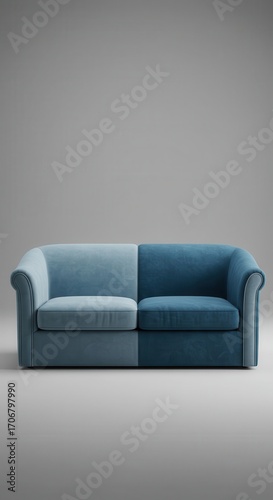 Two-toned sofa with a split design in muted blue tones  presented against a neutral backdrop.