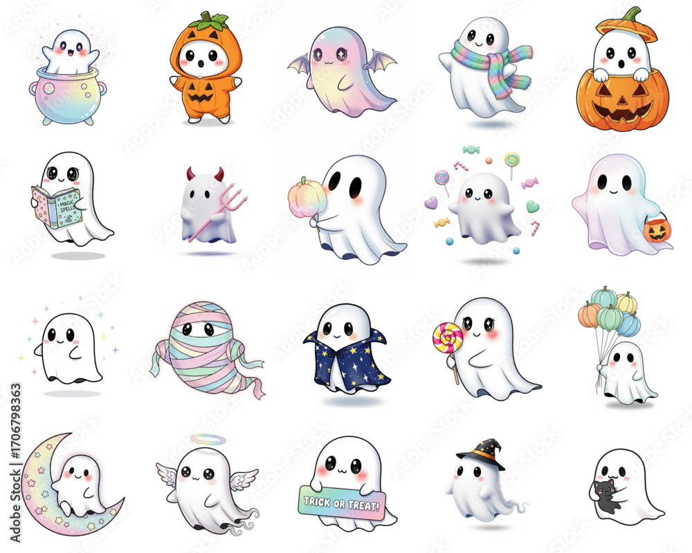 Obraz premium Cute kawaii halloween ghost illustration set with cartoon spooky characters
