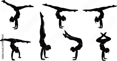 Silhouette of woman doing gymnastic handstands in different poses, fitness, balance, flexibility, yoga, athletic workout, black vector illustration