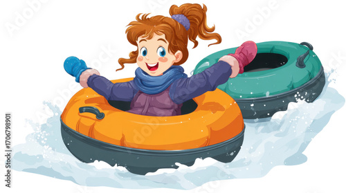 A little girl playing with tube in the snow on white background 