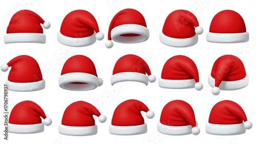 Set of Santa Claus Hats, Realistic 3D Christmas Accessories, Various Angles