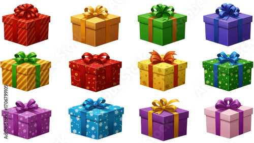Set of 12 Colorful Gift Boxes with Bows, 3D Realistic Christmas Presents, Festive Holiday Illustration