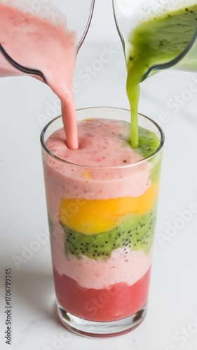 Wallpaper Mural Tall Glass Filled with Layered Smoothies in Pink Red Green Orange on White Marble Background with Dual Spouts and Bright Lighting Torontodigital.ca
