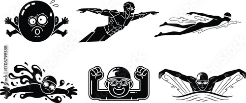 Swimming vector illustration set, swimmers in different styles and poses, water sport activity, freestyle stroke, cartoon and abstract art