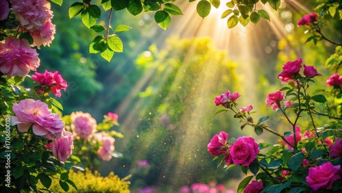 Sunlit Rose Garden with Dewy Blooms and Vibrant Petals in a Serene Setting