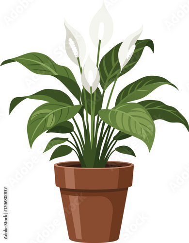 Elegant Peace Lily Houseplant in Brown Pot with White Blooms and Lush Green Leaves, Stylish Indoor Botanical Accent for Classic Home Decor, Natural Art, and Contemporary Living Spaces
