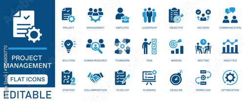project management icon set. featuring planning, strategy, teamwork, workflow, deadlines, analytics and more. perfect flat vector icon collection.