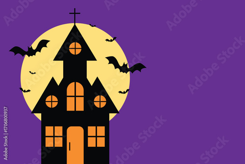 Illustration of spooky Halloween vibe with this haunted house silhouette against a bright moon, ideal for cards, invitations, and seasonal designs. 