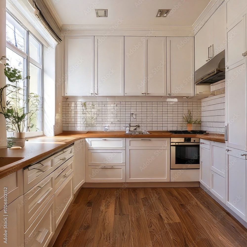 Fototapeta premium Bright white kitchen with wooden floors