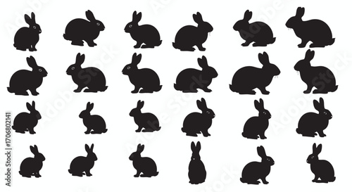A versatile set of rabbit and bunny poses presented as a black silhouette vector illustration, isolated on a white background for design.
