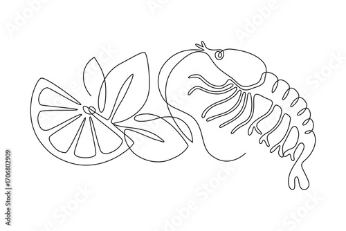 Shrimp with slice of lemon and leaves, drawn with continuous line in minimalism, abstract, krill, seafood, delicacy, one line, editable vector contour