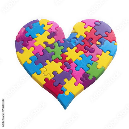 Colorful heart shaped puzzle pieces forming a symbol of love and connection isolated on transparent background