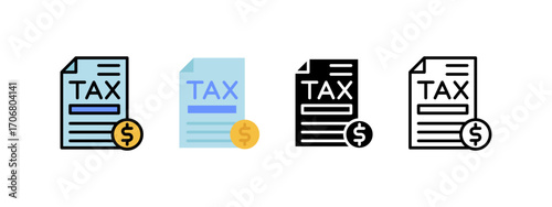 Tax icons featuring tax forms and dollar coins, suitable for financial and accounting concepts.