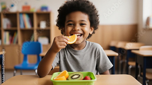 young boy happily eating fresh fruit snack at his school desk during lunchtime break | education, food, childhood, health, lifestyle theme