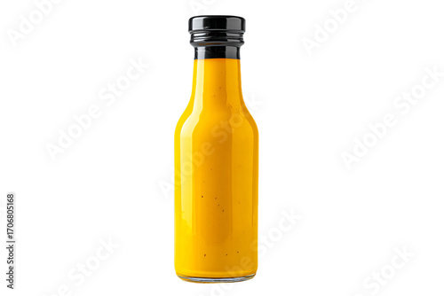 a bottle of mustard sauce on a white background