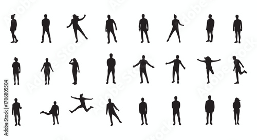 Dynamic collection of men and women figures silhouette vector illustration. Isolated black human shapes in various poses and actions.