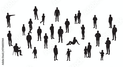 A diverse group of anonymous people in various poses, a detailed silhouette vector illustration collection isolated on white background.