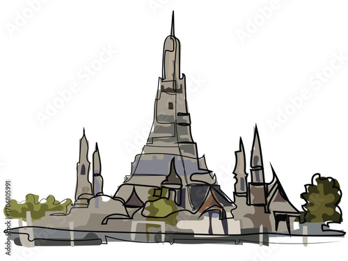 Wat Arun in a continuous line drawing style