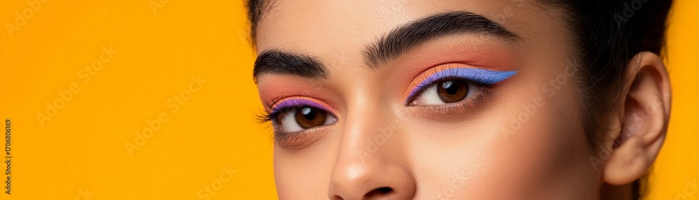 Naklejka premium Pastel Grunge Makeup Style for Bold Aesthetic, Vibrant beauty portrait showcasing bold eye makeup against a bright background.