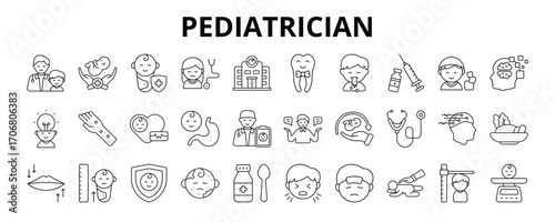 30 Pediatrician Line Icons Vector - Pediatric Clinic, Child Psychology, Childcare Doctor, Stethoscope, Encephalogram, Immunity, Child Food