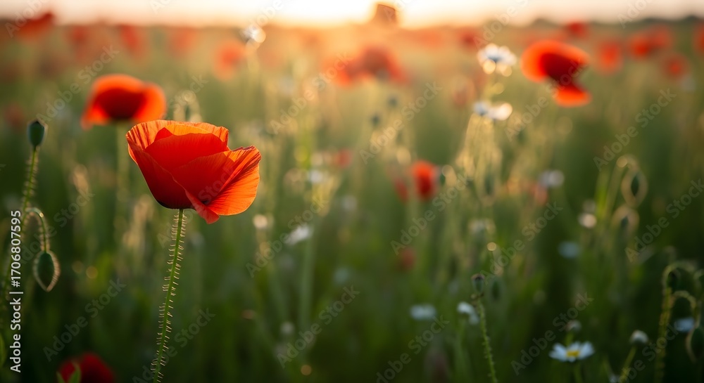 Fototapeta premium A vibrant red poppy stands out in a sun-drenched wildflower meadow at sunset.