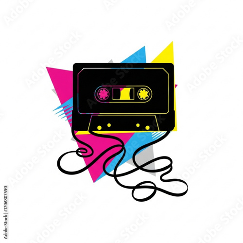 Illustration of a black cassette tape with tangled tape and colorful geometric shapes in the background created with generative ai