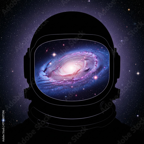 Astronaut helmet reflecting a vibrant galaxy against a backdrop of distant stars in deep space view created with generative ai