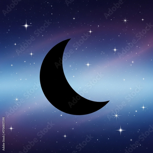 A celestial scene featuring a crescent moon silhouetted against a starry night sky with a gradient background created with generative ai