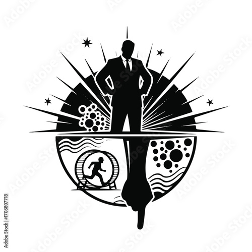 A powerful businessman's silhouette contrasts with a worker running in a hamster wheel, symbolizing the corporate rat race.