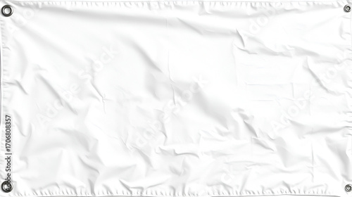 blank white flag mockup with wrinkled texture, ideal for design projects and presentations. flag features grommets for easy hanging and display