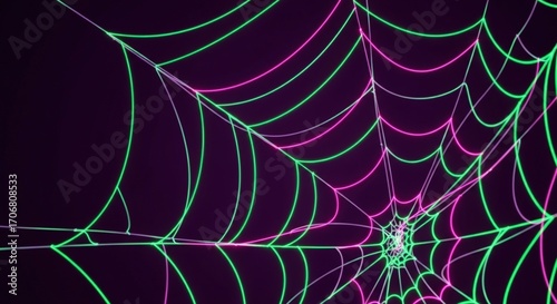 Vibrant neon spiderweb design with pink and green lines on a dark purple background