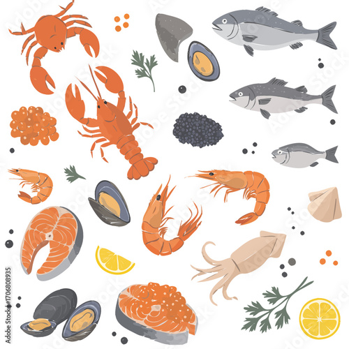 A vibrant collection of fresh seafood, including fish, shrimp, lobster, crab, mussels, salmon steaks, squid, and caviar, artfully arranged with lemon slices and parsley sprigs.