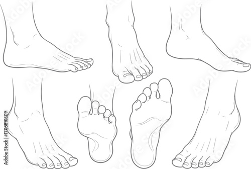 Collection of hand drawn line art sketches of human feet from various angles and perspectives