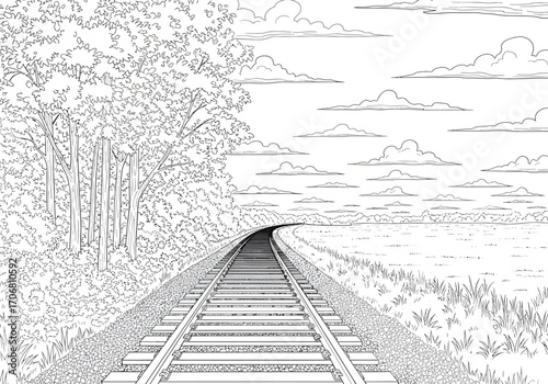 Black and white sketch of a curving railroad track disappearing into a lush forest and open sky
