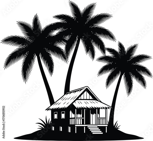 Silhouette of a tropical hut nestled amongst three tall palm trees on a small island