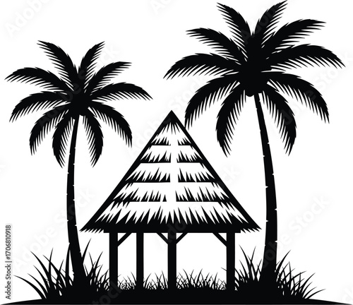 Silhouette of a thatched roof hut or gazebo nestled between two palm trees on a tropical island beach