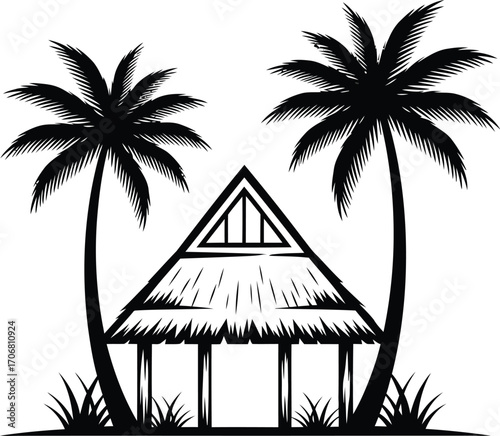 Tropical beach hut with thatched roof nestled between two silhouetted palm trees on a white background