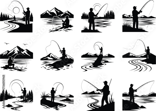 Collection of silhouette illustrations depicting anglers fishing in diverse natural landscapes under the sky