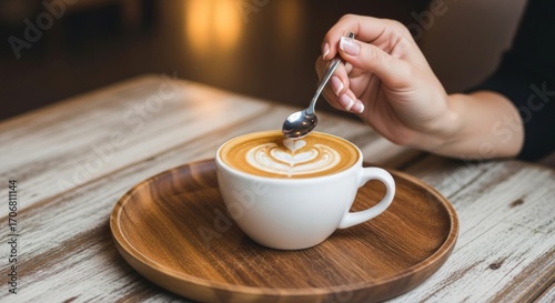 A woman's hand stirring latte art in a coffee cup on a wooden tray