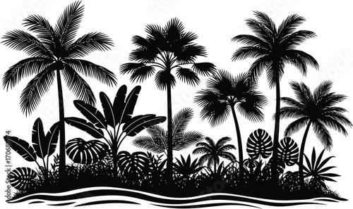 Silhouetted tropical jungle foliage and palm trees with wavy water line illustration