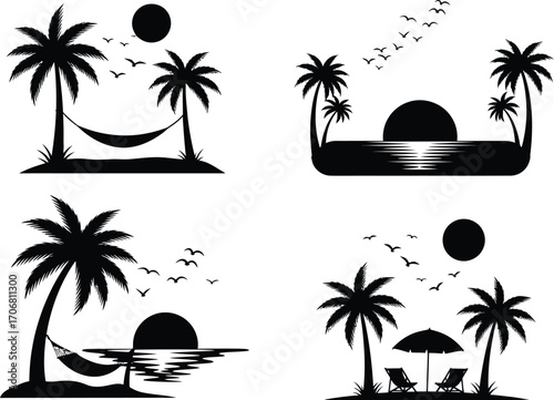 Tropical beach sunset silhouettes featuring palm trees hammocks lounge chairs and ocean reflections
