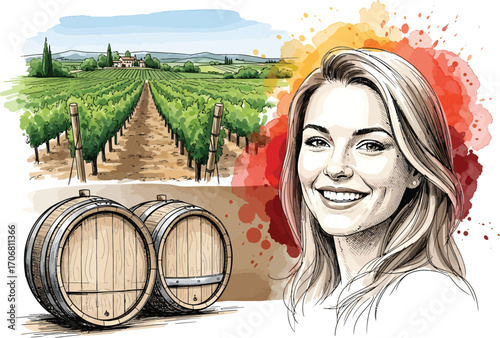 Smiling woman portrait alongside vineyard and wine barrels in artistic watercolor style