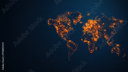 A glowing world map illuminated by bright points, representing cities and connectivity against a dark background.