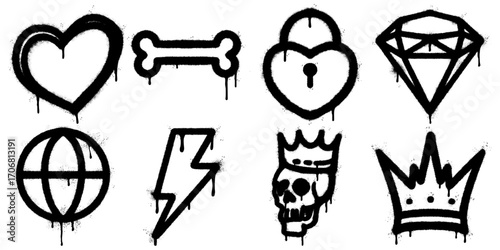 Black stencil graffiti icons including heart, bone, lock, diamond, globe, lightning, crowned skull, and royal crown. Great for edgy design, stickers, and urban artwork.