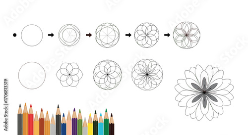 Step by step guide on how to draw a flower with pencils.