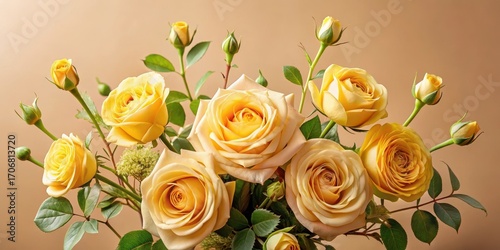 A captivating arrangement of delicate, pale yellow roses, their velvety petals unfurling in a symphony of subtle hues, creating a breathtaking floral masterpiece.