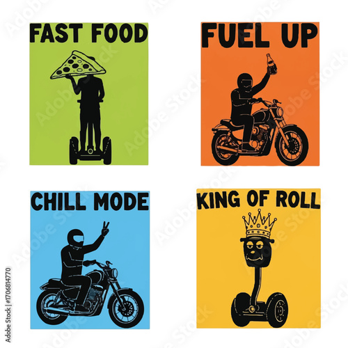 Four humorous illustrations featuring a person on a Segway or motorcycle with text overlays.
