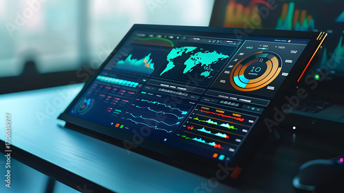 Digital dashboard displaying global data analytics with charts, graphs, and world map on a laptop screen
